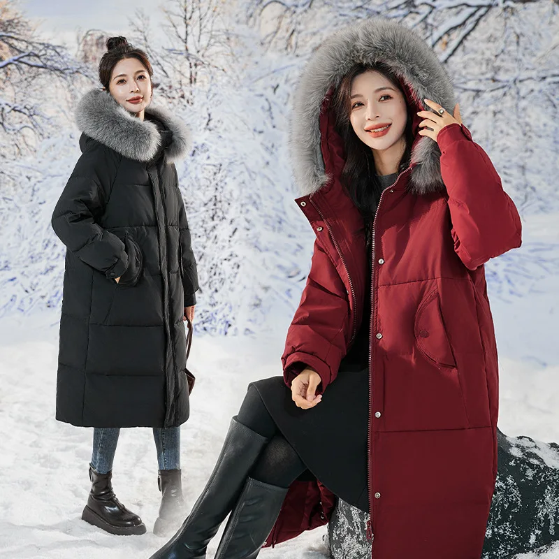 Maternity Down Jacket Women White Duck Long Thickened Coats Hooded Large Fur Fox Collar Plus Size Water Proof Keep Loose Thermal