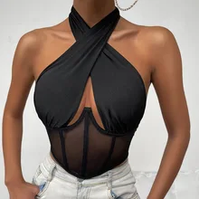 

Women Strappy Cross Over Front Cut Out Halter Neck Sleeveless Backless Crop Top Bandage Vest Summer Sexy Lace Stitching Tops