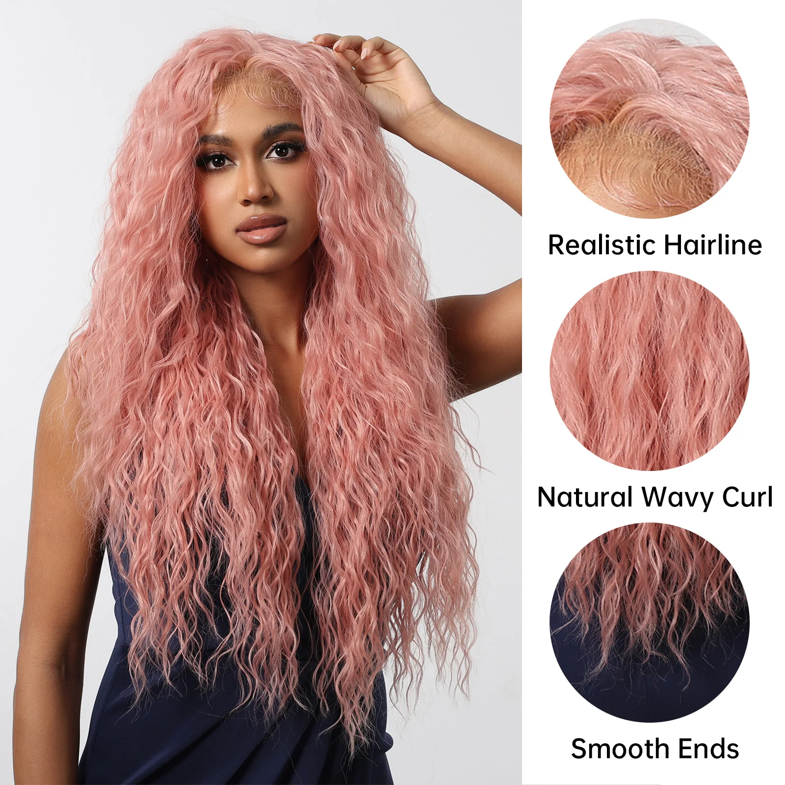 Long Wavy Curly Lace Synthetic Wig Pink 13*6 Lace Synthetic Wigs Cosplay Party Use Natural Hair Heat Resistant Fiber