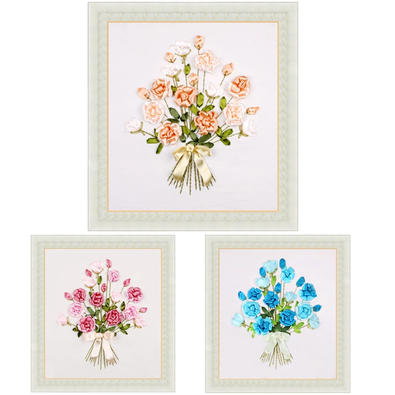 Ribbon Flowers Embroidery Kit Diy Needlework Bouquet Pattern