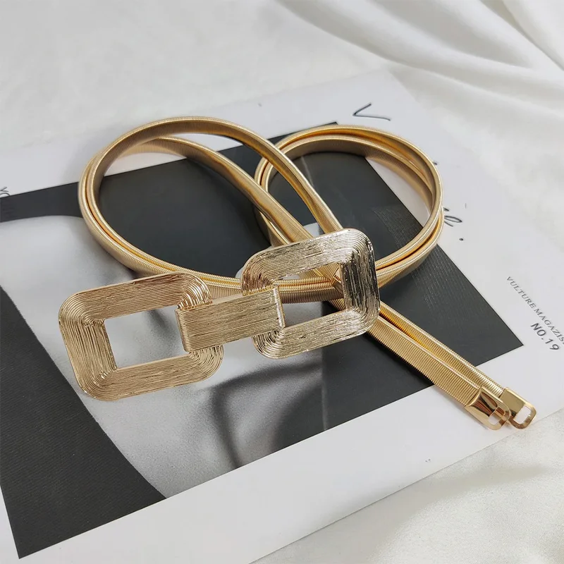 Golden Double-Strand Elastic Women's Fashion Belt with Metal Waist Chain
