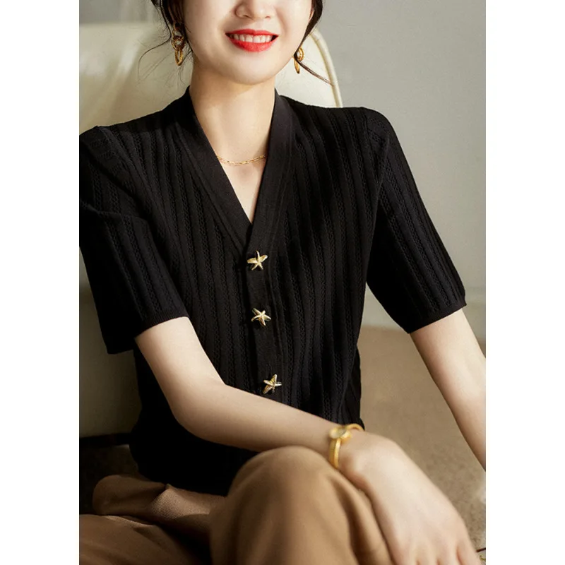 

ZFDZXD летние французские модные вязаные женские шелковые кардиганы с коротким рукавом с V-образным вырезом облегающая футболка хлопковый Шелковый кардиган женский топ