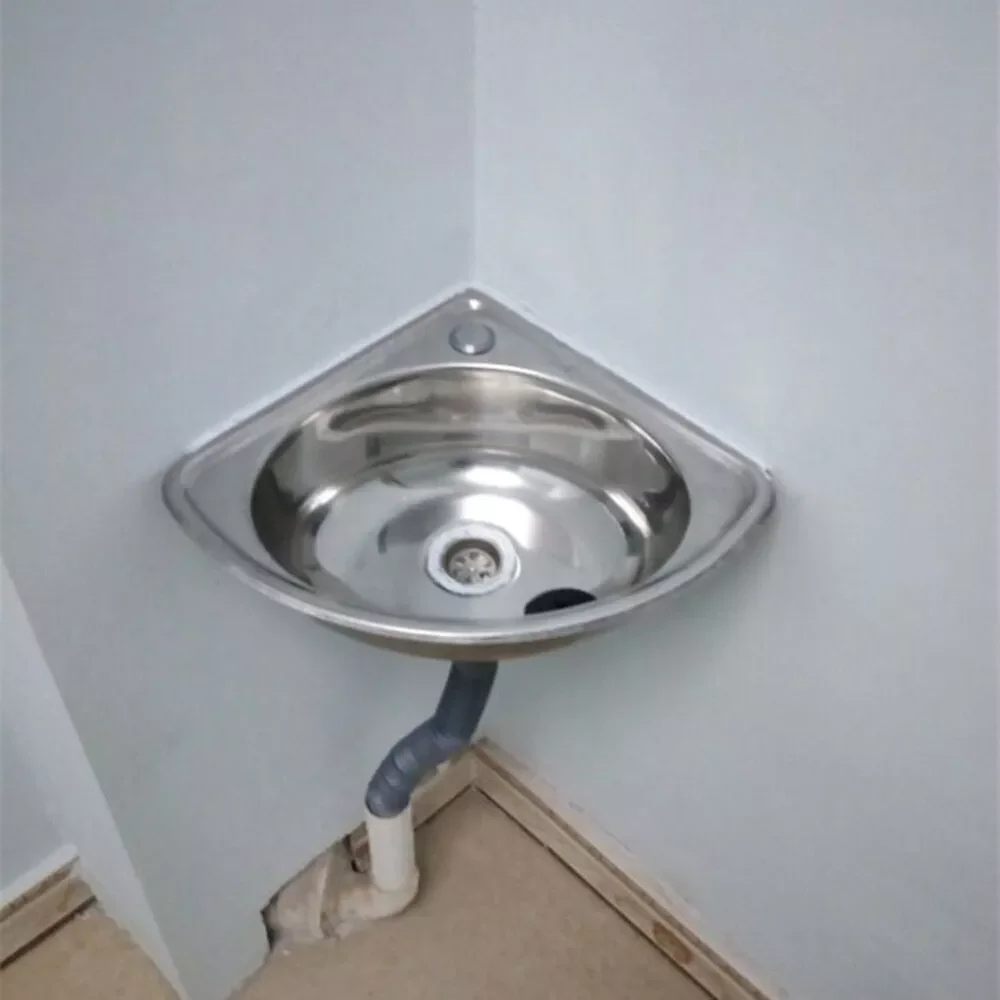 RV Kitchen Bathroom Sink Wall Mount Single Bowl Strainer+Down Pipe Stainless Steel Triangle Corner Sink Basin 3