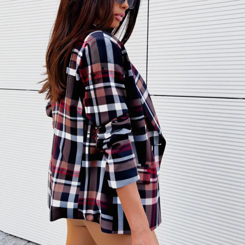 Lady lattice Blazer Coats Fashion  Collar Women Outerwear Spring Casual Simple Long Sleeve Jackets Zebra printing all season new