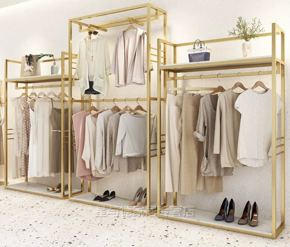 Clothing store shelves, floor standing women's clothing display racks, high-end clothes, gold double-layer hangers, floor standi