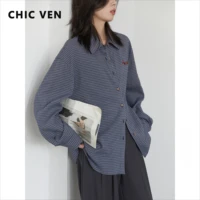 CHIC VEN femmes chemise à manches longues simple boutonnage nouveau ample décontracté brodé Blouses à carreaux rétro femme haut printemps été 2025 1