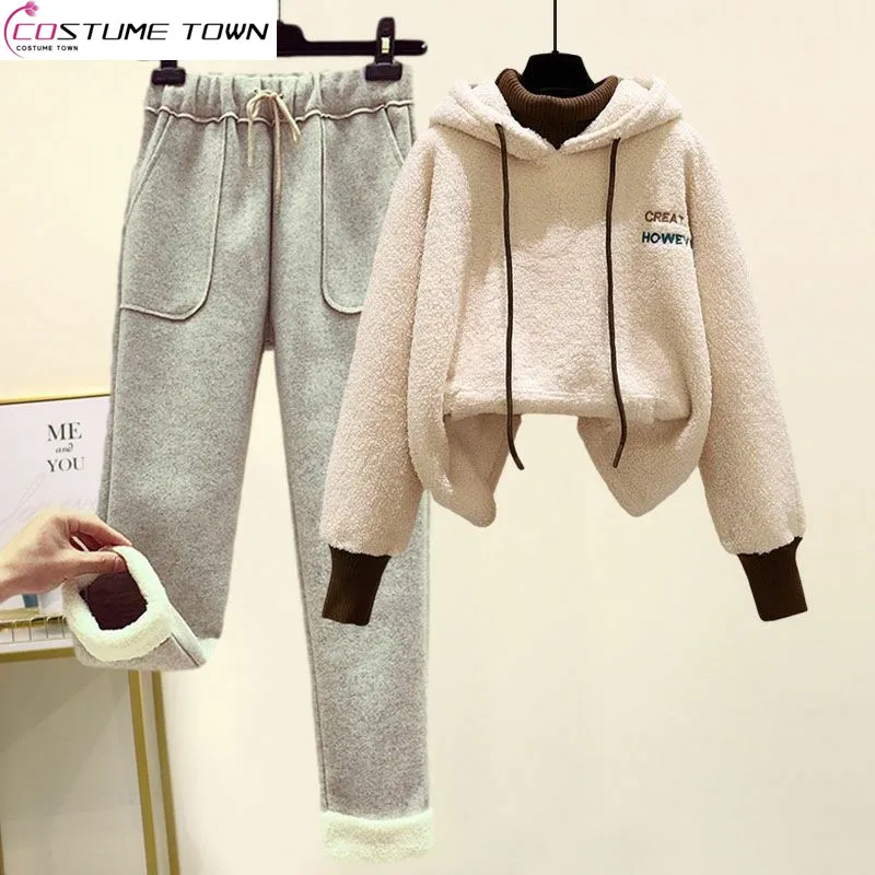 Autumn and Winter Two Piece Age Reducing Fashion Set Women's Thickened Lamb Wool Sweater Woolen Casual Pants