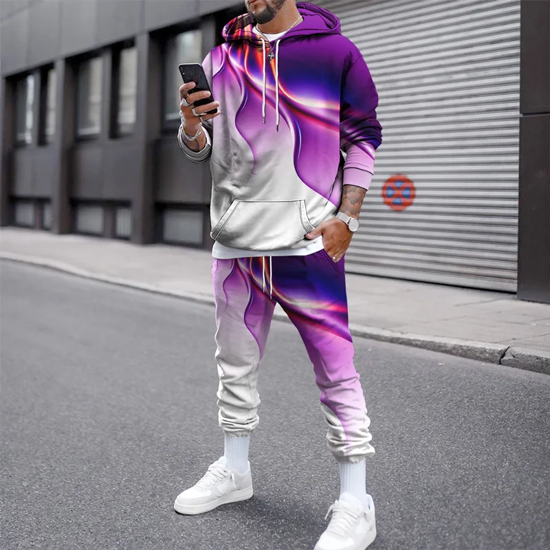 3d Print Man Hoodie Set Color Stripe Pattern Hoodie Tracksuit Men Clothing Sets Autumn Winter Sweatpants Male Sweatshirt Suit