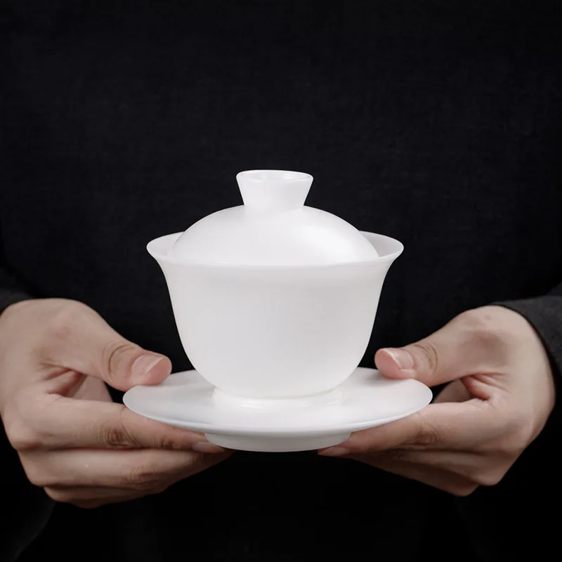 Jade porcelain non-hot tea set mutton fat white bingzhong bowl cup kung fu sancai ceramic lid gaiwan Chinese teaware tea set