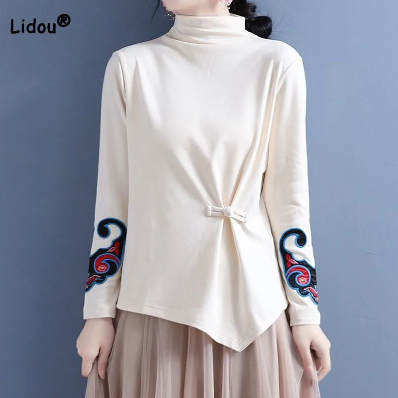 

Vintage Embroidery Solid Color Half High Collar Female Tops Slim Irregular Long Sleeve T-shirt Autumn Winter Women's Clothing