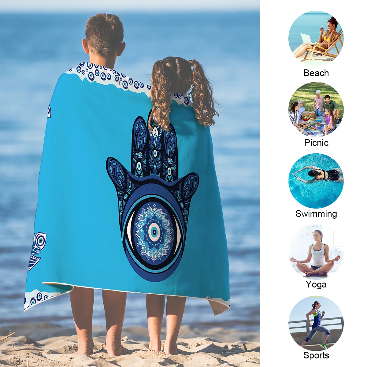 Evil Eye Hamsa Bath Towel Mandala Beach Towel Hand Blue Rectangle Beach Mat 75x150cm Peacock Feather Thin Blanket
