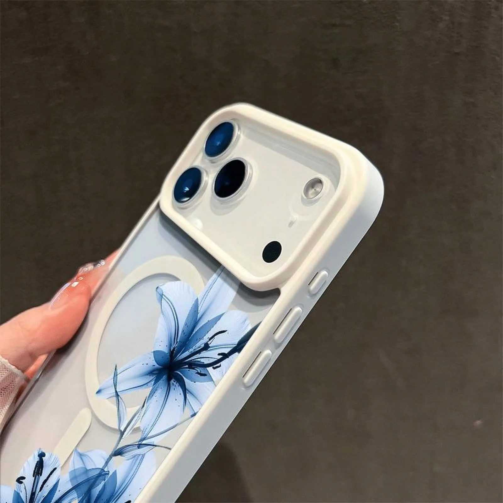Blue Lily Whisper Transparent Magnetic Matte Phone Case with Large Hole Frame