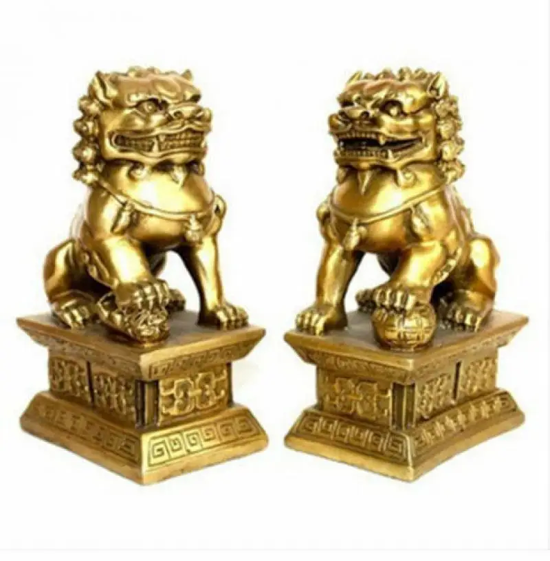 Archaic Lion Brass Statue Fu Foo Dog Fengshui Door Guard Lions Statues Pair