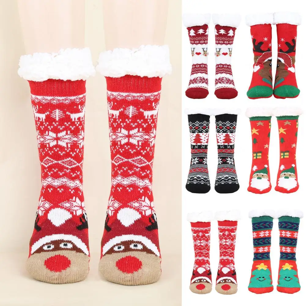 

1 Pair Christmas Socks For Women Autumn Winter Christmas Tree Deer Snowflake Print Floor Socks Fleece Lining Indoor Sleep Socks