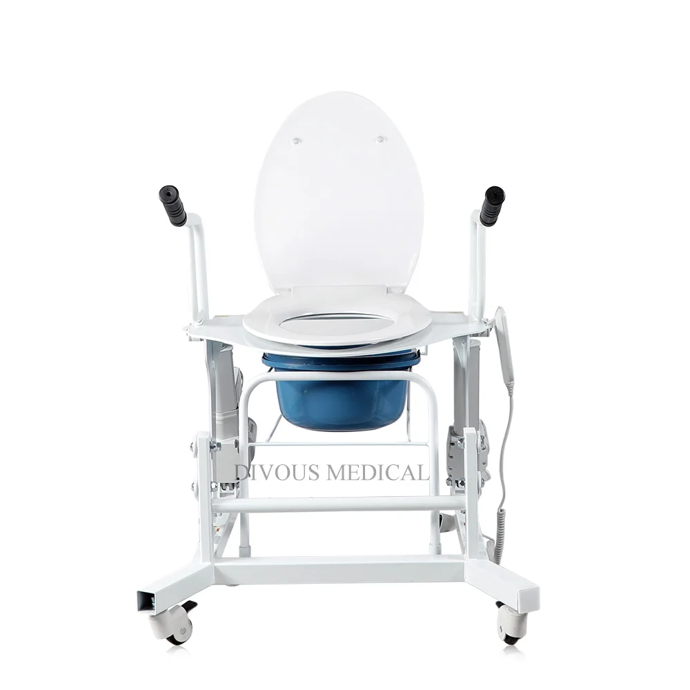 Home Care Disabled Electric Lift Transfer Wheelchair with Chamber Pot Elderly Commode Chair Fits Over the Toilet 5