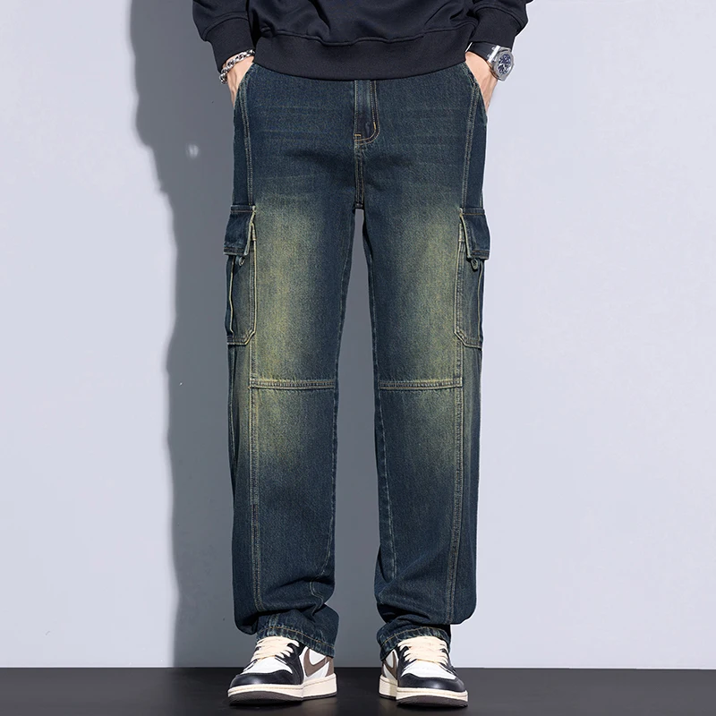 Men's 97% Cotton Straight Cargo Jeans Trendy Multi-pocket Nostalgic Loose Trousers Man American Vintage Fashion Denim Pants 5