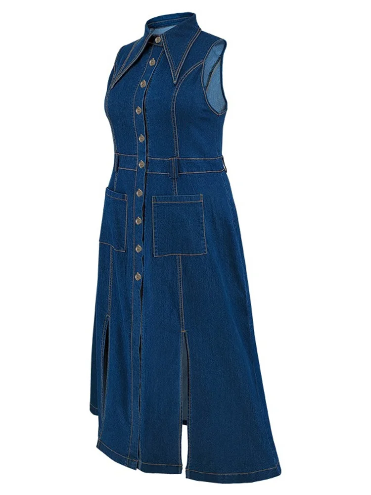 Wmstar Plus Size Denim Dresses Women Clothes Sleeveless Casual Button Pockets Slip Hem Maxi Dress New in Wholesale Dropshipping