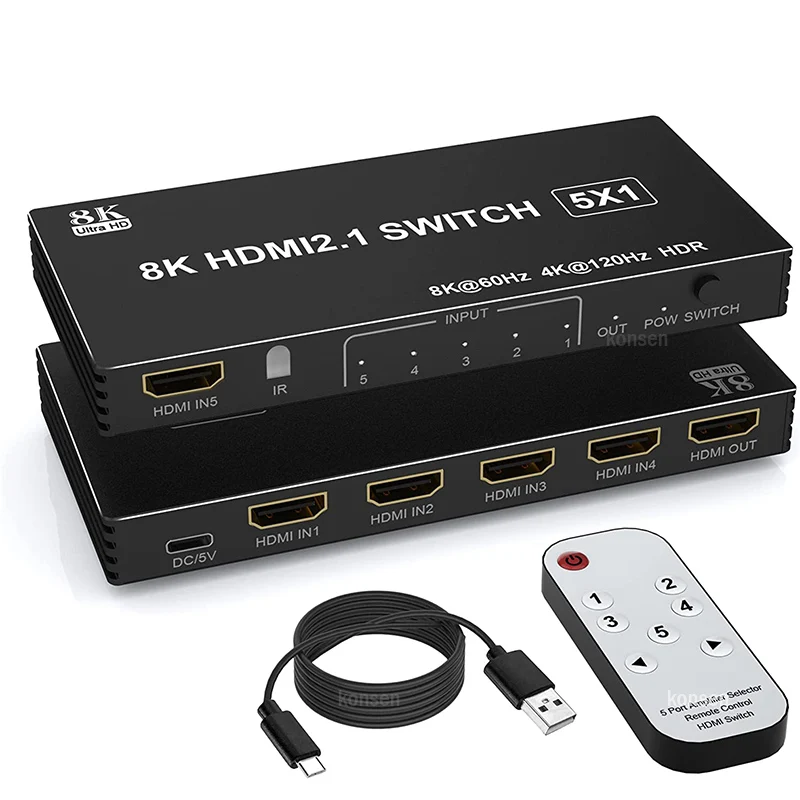 Switch Hdmi A 5 Porte 3X1 4X1 5X1 8K 60Hz Hdmi 2.1 Selettore Switcher Hub 5 In 1 Out Con Telecomando Ir Hdr 4K 120Hz Per Xbox Ps4 Pc Tv