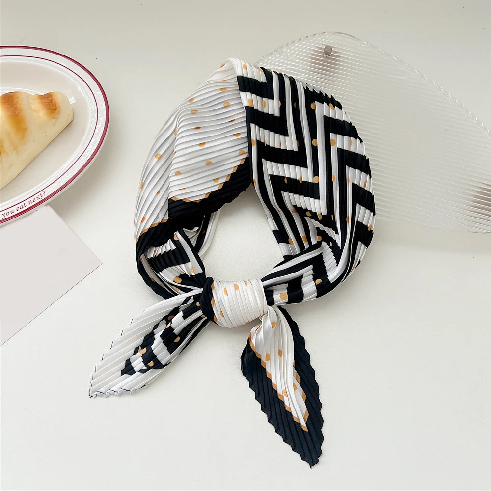 New Floral Print Pleated Silk Scarf Square Neck Scarves Crinkle Hair Bands Scarf Bandana Satin Hijab Head Wraps Neckerchief 3