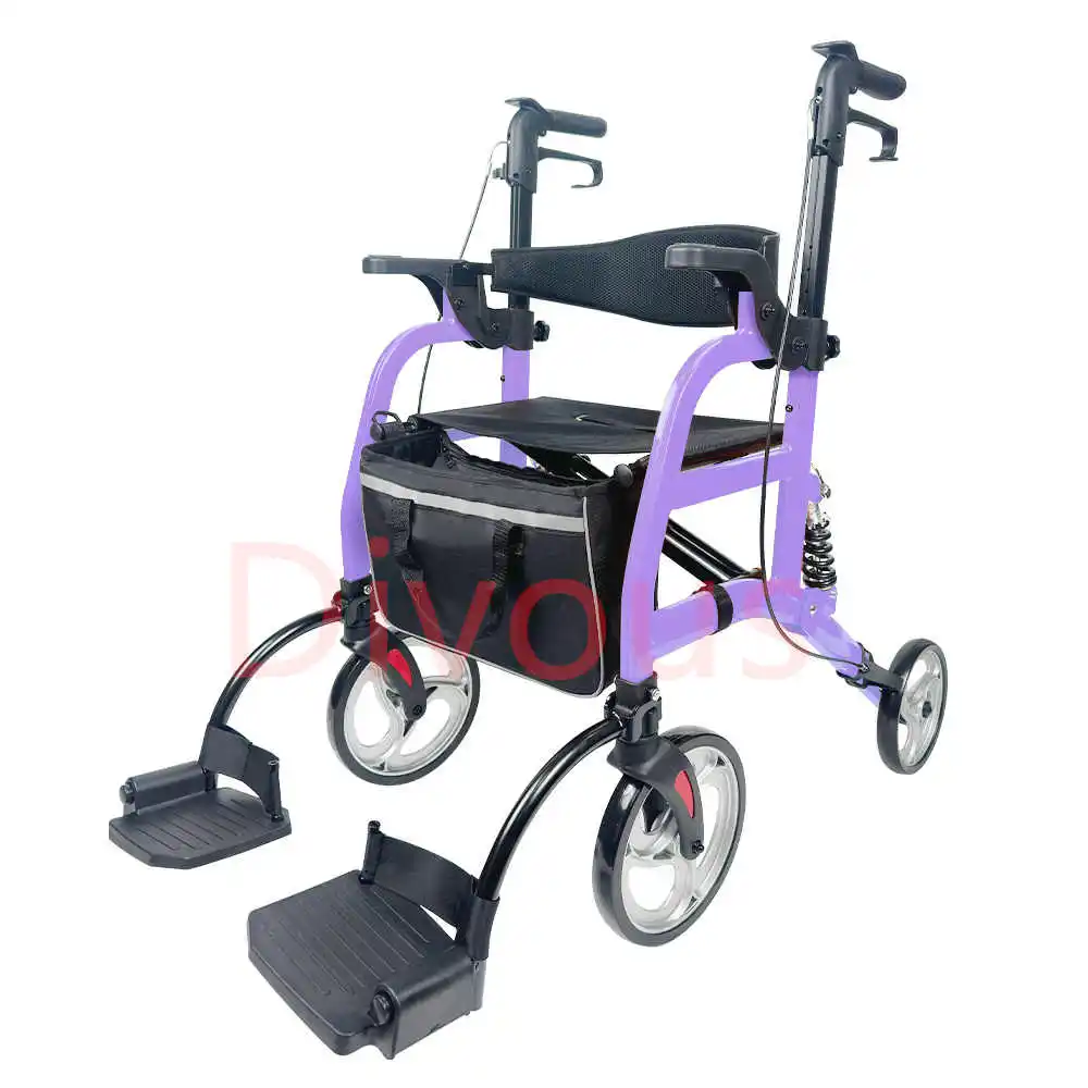 Transport Rollator Rolling Walker Combo with Hand Activated Brakes and Back Support