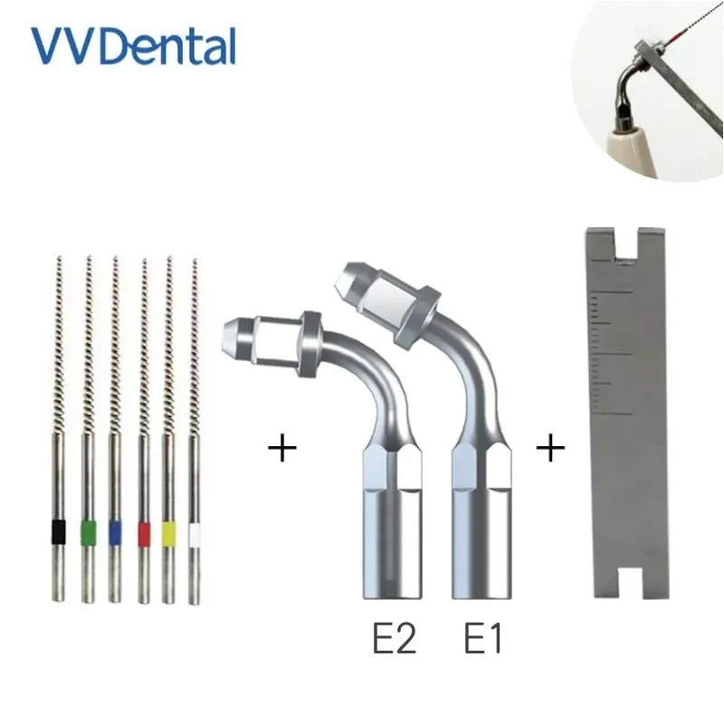 

VVDental Set Ultrasonic Scaler Endo Tips E1 E2 for EMS Woodpecker Endodontics with Dental Wrench and 6pcs Root Canal Files Tools