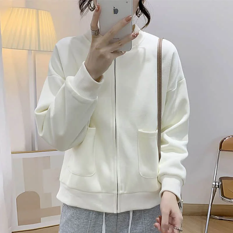 thumbnail image 1 of Chaquetas para mujer, estilo coreano, chaqueta de béisbol holgada, cuello redondo, sudaderas con capucha de color liso, cárdigans de manga larga con cremallera, abrigos cortos, blusas para mujer, 1 of 5
