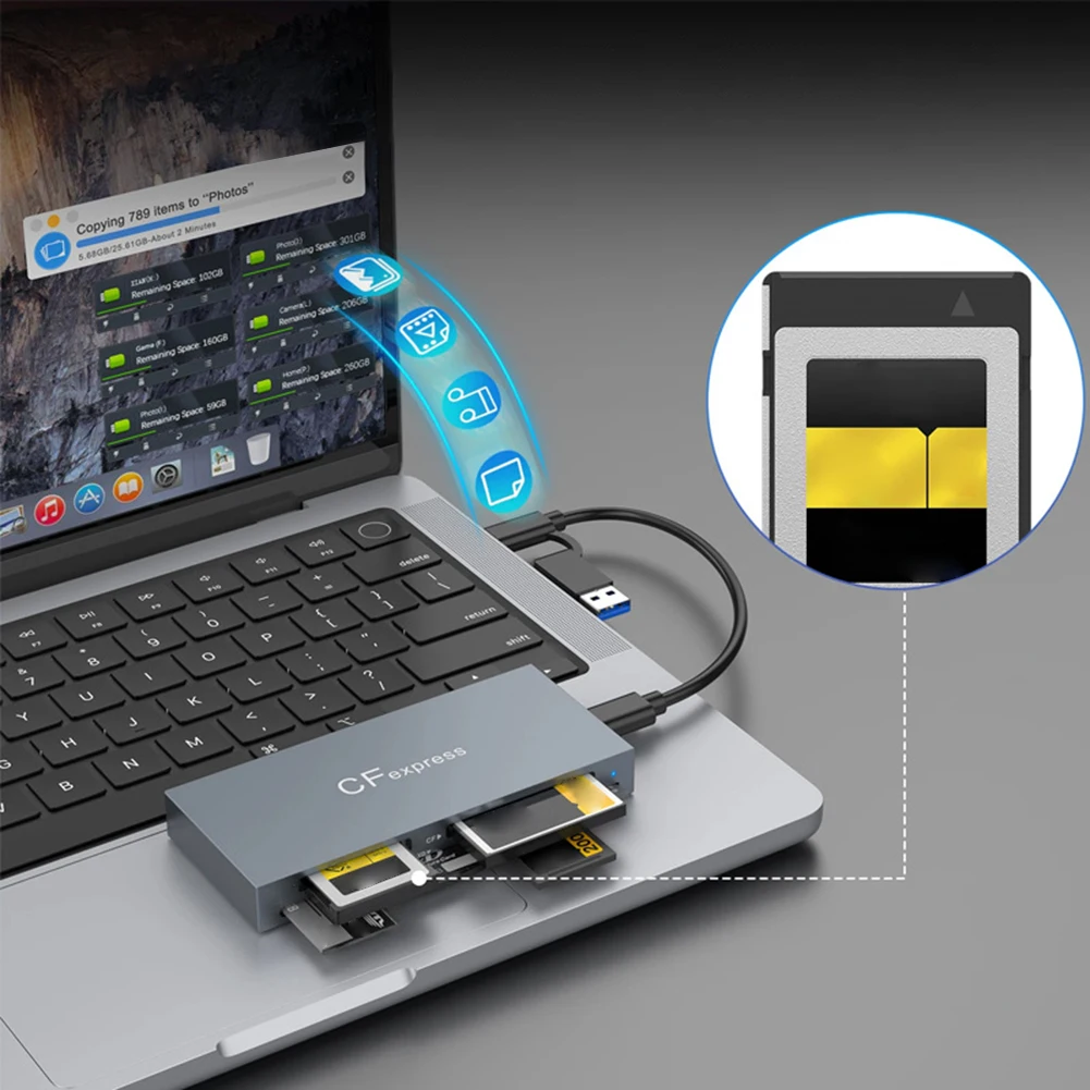케이블 포함 멀티 카드 리더, 6 in 1 CFexpress B 타입, CF, XD, MS, SD, TF, 10Gbps