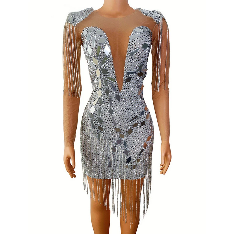 Glitter Short Prom Dresses For Black Girls Sheer Neck Long Sleeve Mini Bodycon Evening Party Gowns Birthday Dress Tassel Sequins