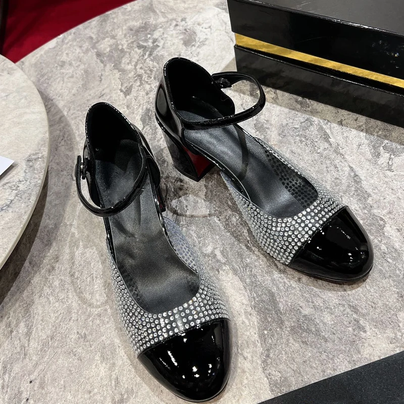 

High Quality Patent Leather Diamond Mary Jane Shoes Women Round Toe Vinage Ladies Ankle Strap Single Shoes Shallow French Pumps