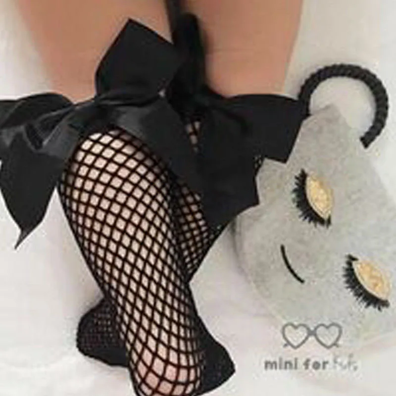 Summer Thin Baby Girls Kids Mesh Socks New Bow Fishnet Knee High Long Socks Net Vintage Black White Short Ankle Stockings