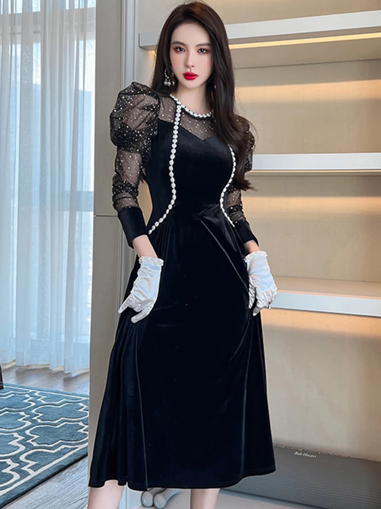 2023 Spring French Court Style Maxi Dress Women Black Velvet ...