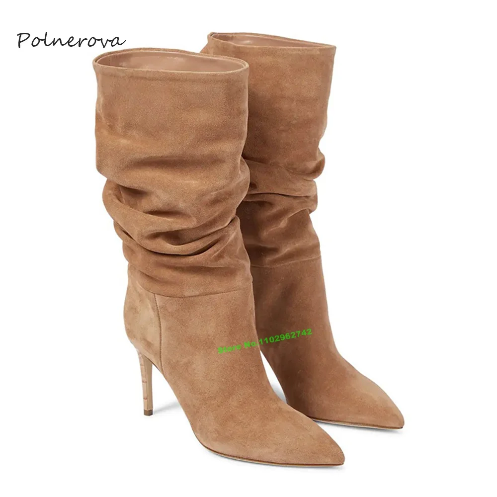 

Solid Suede Pleated Stiletto Heel Boots Pointy Toe Modern Mid-Calf Boots Runway Party Shoes for Women 2023 Autumn Winter Concise