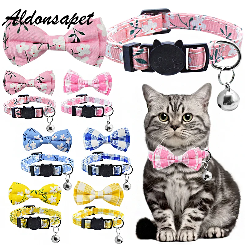 

Lovely Bow Knot Cat Collar Bell Breakaway Safety Adjustable Cat Necklace Cute Print Bow Tie Kitten Cat Collar Pet Accessories