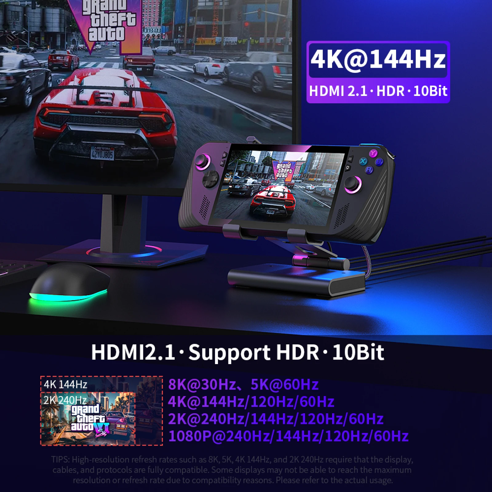 ROG Ally X, Steam Deck, MSI Claw, LEGION Go용 충전기 HDMI 2.1 100W 입력 85W 출력 PD 고속 충전 도킹 스테이션 스탠드