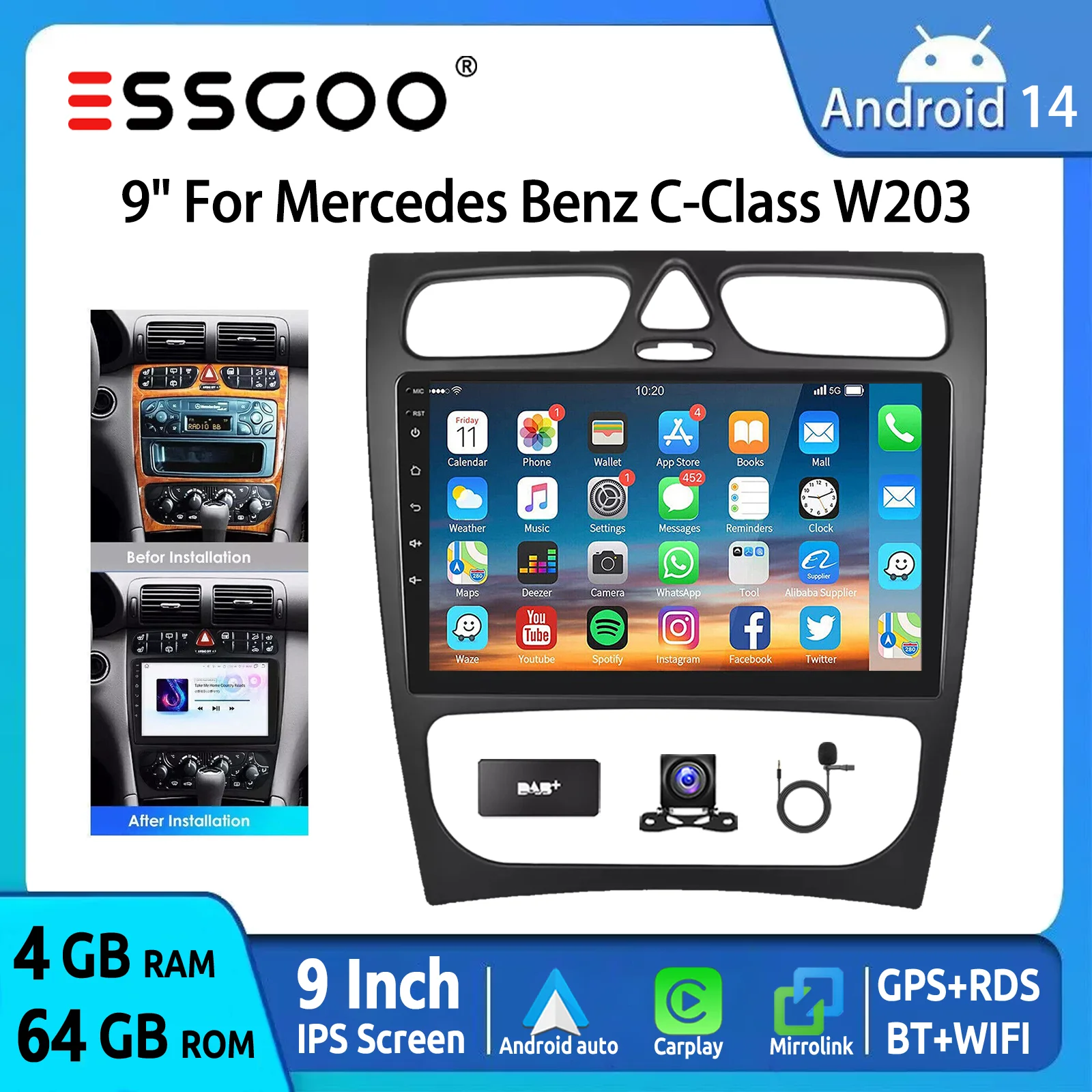 9" Android 15 2 DIN Car Stereo Radio GPS Navi For Mercedes-Benz C-Class C/CLK W203 W209 Wireless Carplay Android Auto Head Unit