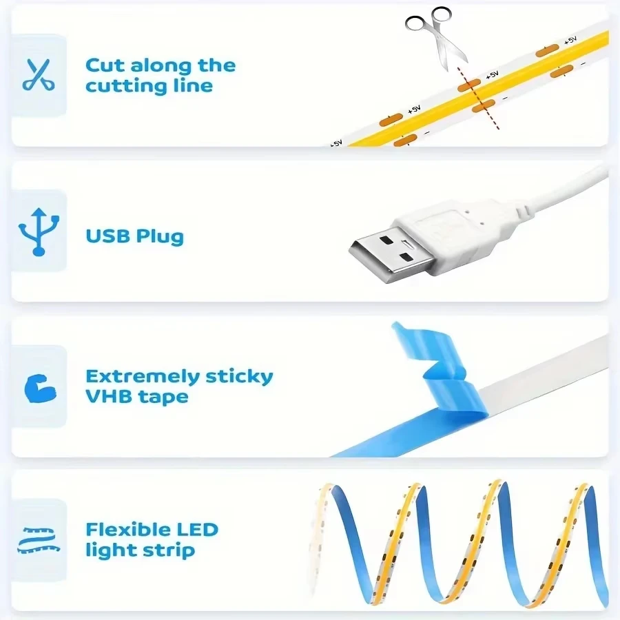 Warm White LED Flexible Light Strip with Touch Control - High Brightness COB 320 LEDs (Available in 1m, 3m, 5m)