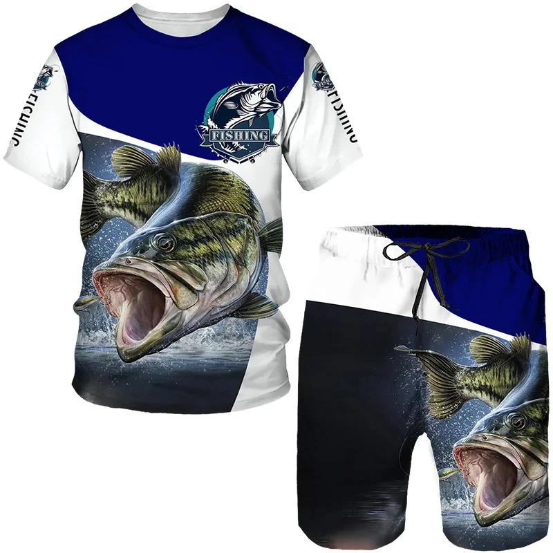 Men's Outdoor Fishing Print Shorts 2Pcs Sets Vintage 3D Print Two Piece Suit O-neck T shirt Fashion Male Sweatshirt  Clothes 2