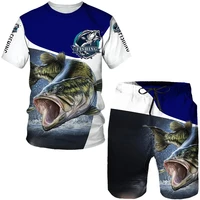 Men's Outdoor Fishing Print Shorts 2Pcs Sets Vintage 3D Print Two Piece Suit O-neck T shirt Fashion Male Sweatshirt  Clothes 2