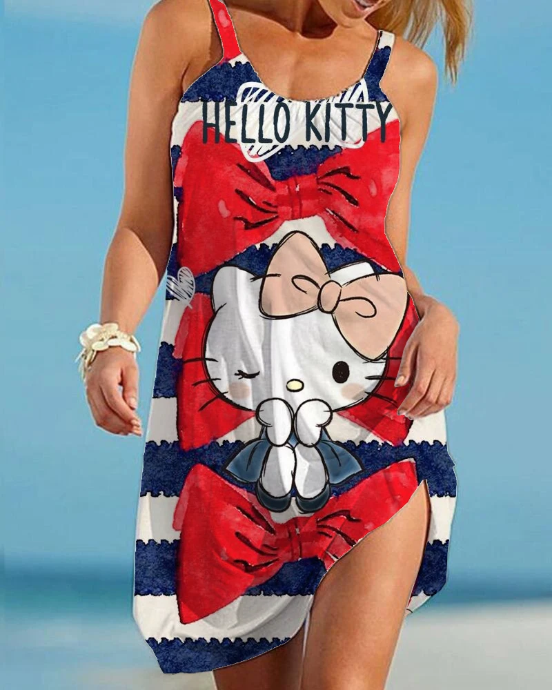 

Hello Kitty 2023 Knee Length Dress Fashion Cartoon 3D Print O-Neck Pullover Women's Sleeveless Mini Dress Y2K