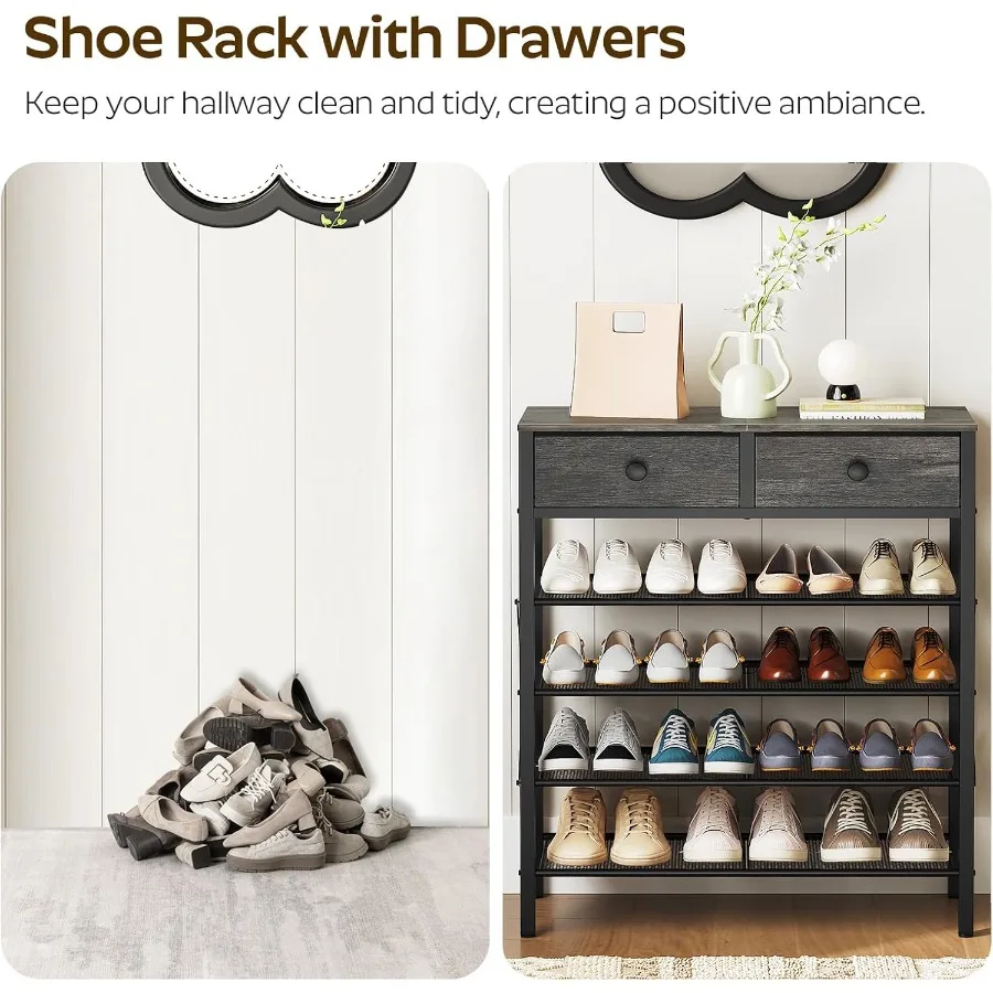 5 Tier Shoe Rack Large Capacity Shoe Storage Organizer Metal Shoe Shelf with Drawer and Wooden Top for 20 Pairs of Shoes for En