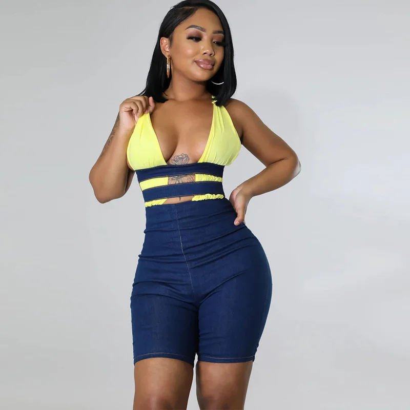 

WUHE Women Demin Patchwork Deep V-neck High Waist Bodycon Sleeveless Romper for 2023 Summer Sexy Backless Party Club Playsuit