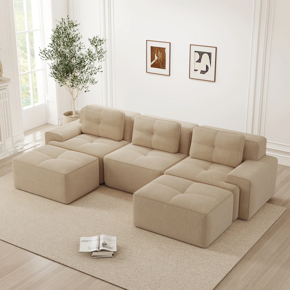 Luxuriöses U-förmiges Modulares Knochenloses Cloud-Sofa, Bequeme Cord-Couch, Montagefreies Rutschfestes Beige Sofa für Zuhause und Apartment – Detail 19