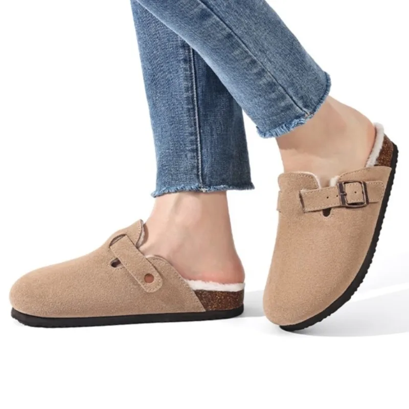 Bebealy Women's Fur Lined Clogs Fuzzy Cork Footbed Suede Mules Men Plush Slip On Potato Shoes Winter Warm Fluffy Clogs Slippers