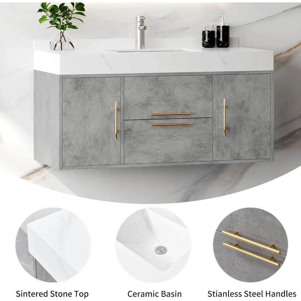 40 Inch Bathroom Vanity, Wall Mounted Vanity with Sintered Stone Countertop and Ceramic Basin Sink, Bathroom Cabinet with Sink