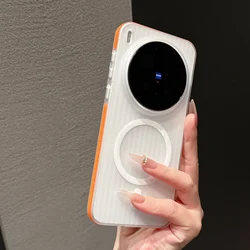 Frosted Transparent Stripe Magnetic Phone Case with Rugged PC Hard Cover for Vivo X200 Pro (Orange)