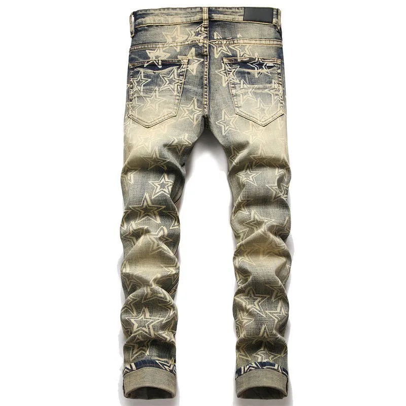Men's Clothing Retro Nostalgic Knee Ripped Print Jeans Trendy Elastic Slim Fit Small Feet Baggy Jeans