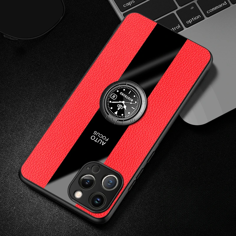 Elegant PU Leather Magnetic Ring Holder Phone Cover with Silicone Matte Bumper