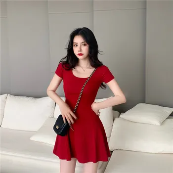 Women Summer Dress O Neck Short Sleeve Solid Korean Thin Slim A Line Dress Slim Retro Red Black Pink Short Mini Dress Vestidos 1