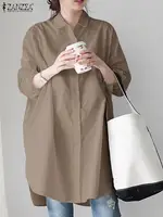 ZANZEA Summer Women Fashion Blouse Lapel Neck Long Sleeve Shirt Femme Casual Loose Work OL Tops Tunic Oversized Solid Blusas - Image 3