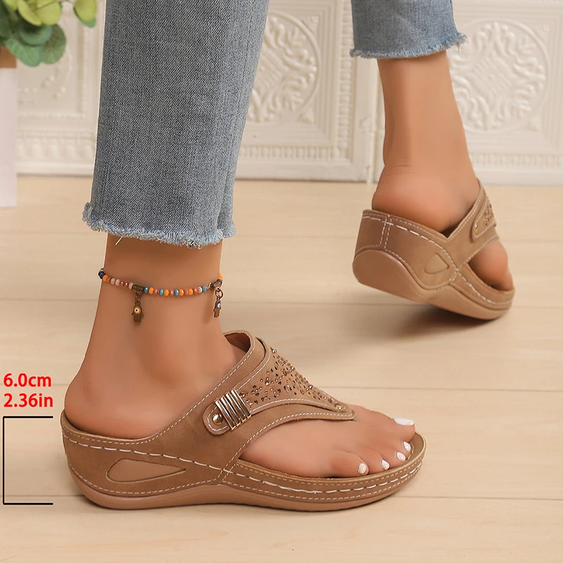 Bling Crystal Soft Platform Sandals Women Summer 2025 Clip Toe Non-Slip Wedge Sandals Woman Thick Bottom Casual Flip Flops